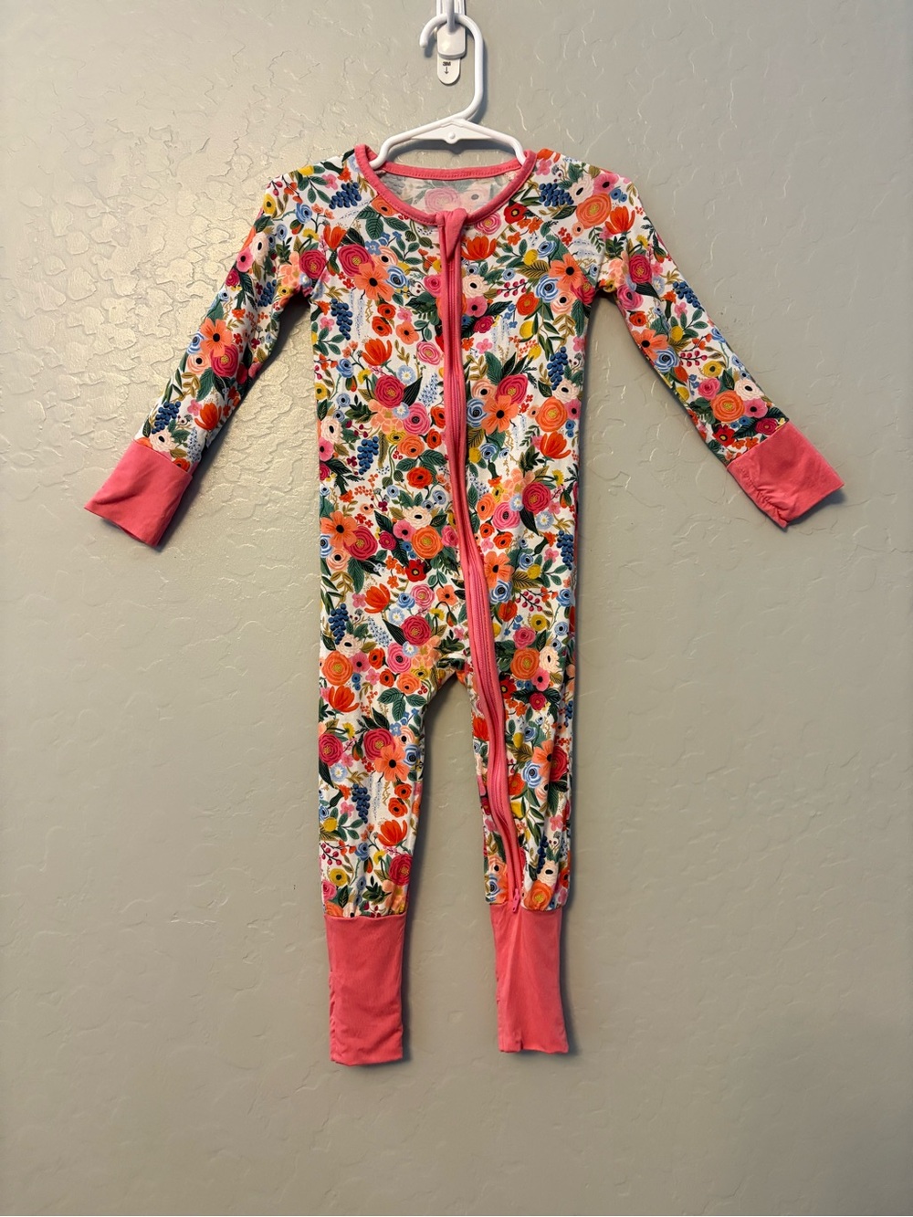 Miozing coral pink and colorful floral print bamboo convertible pajamas 18-24 mo